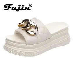 Fujin oryginalne skórzane buty damskie 7cm, na zewnątrz, klapki plażowe, buty na koturnie, sandały plażowe