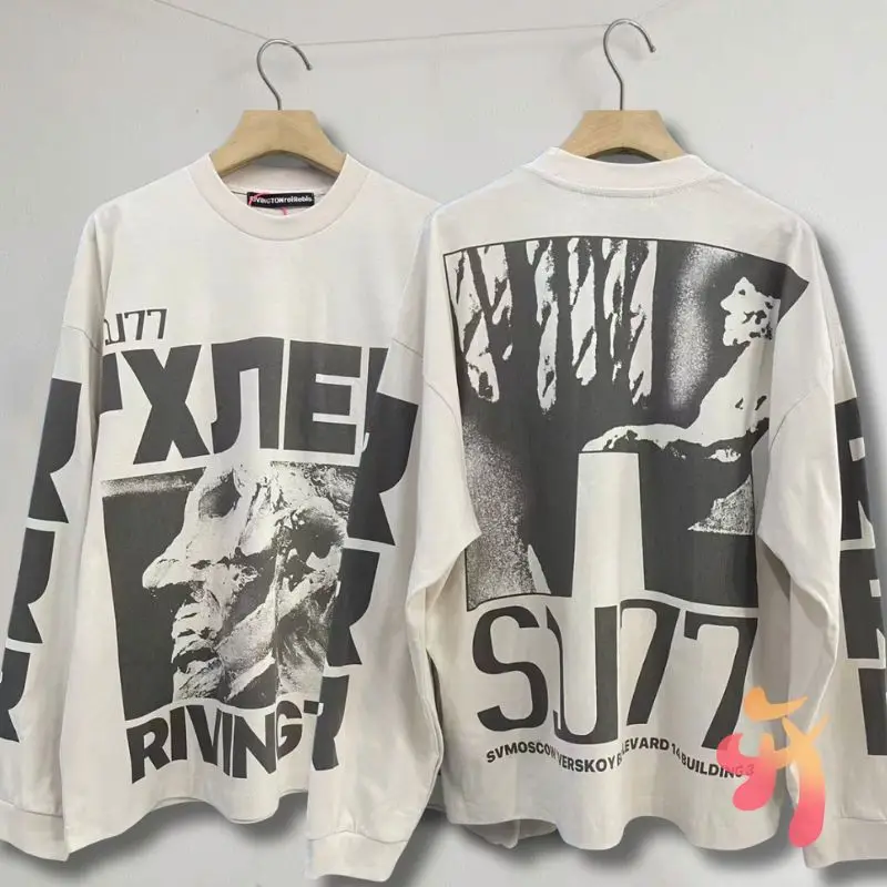 

25ss Retro Fashion Hiphop Street Washed Worn RRR123 Long Sleeve T-shirt Graffiti Round Neck Pullover Men Women Cotton Tops