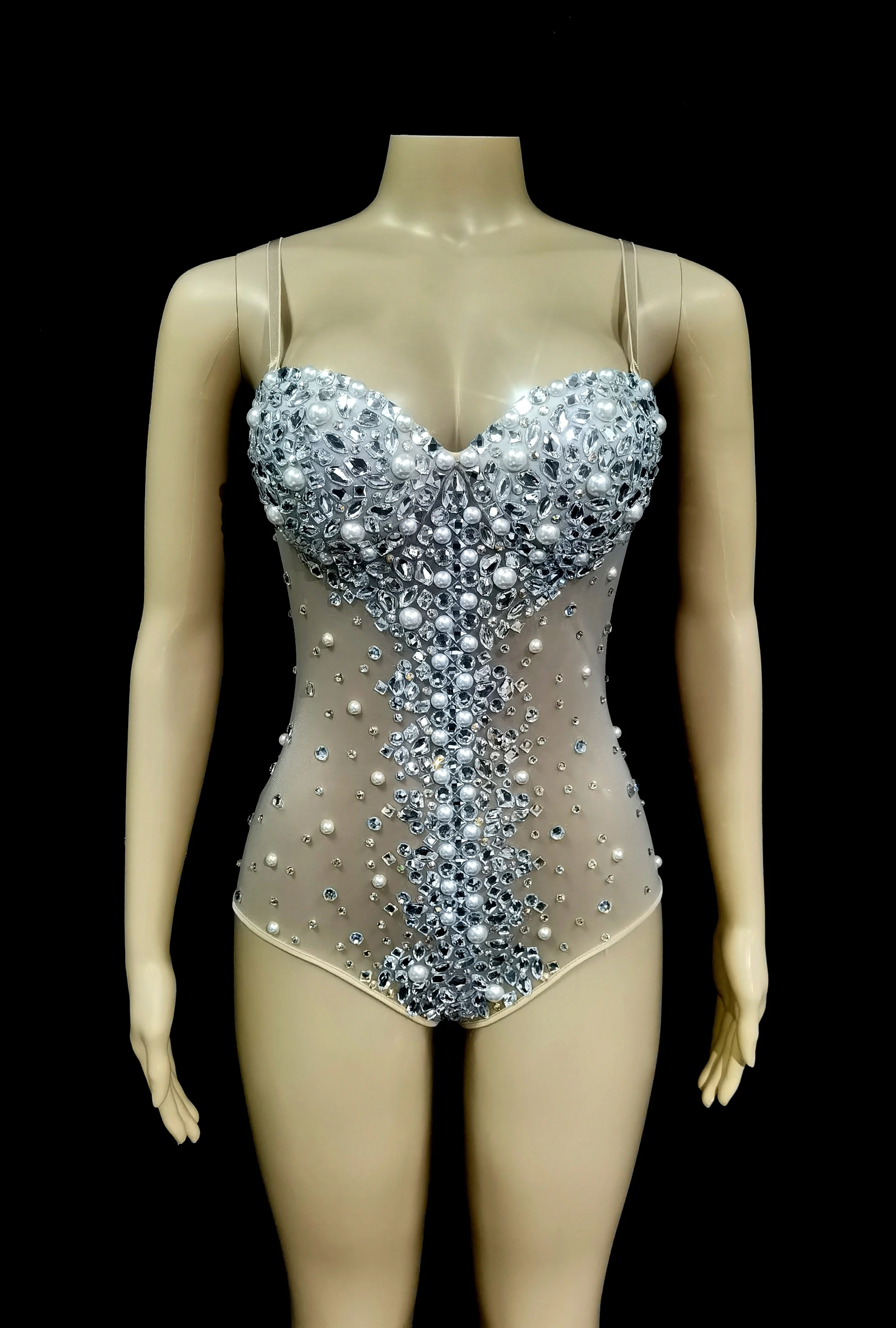 

Sparkly Silver Crystals Leotard Sexy MeshClub Outfit Celebrate Female Singer DiRhinestones Bodysuit Dance Costume StageWear