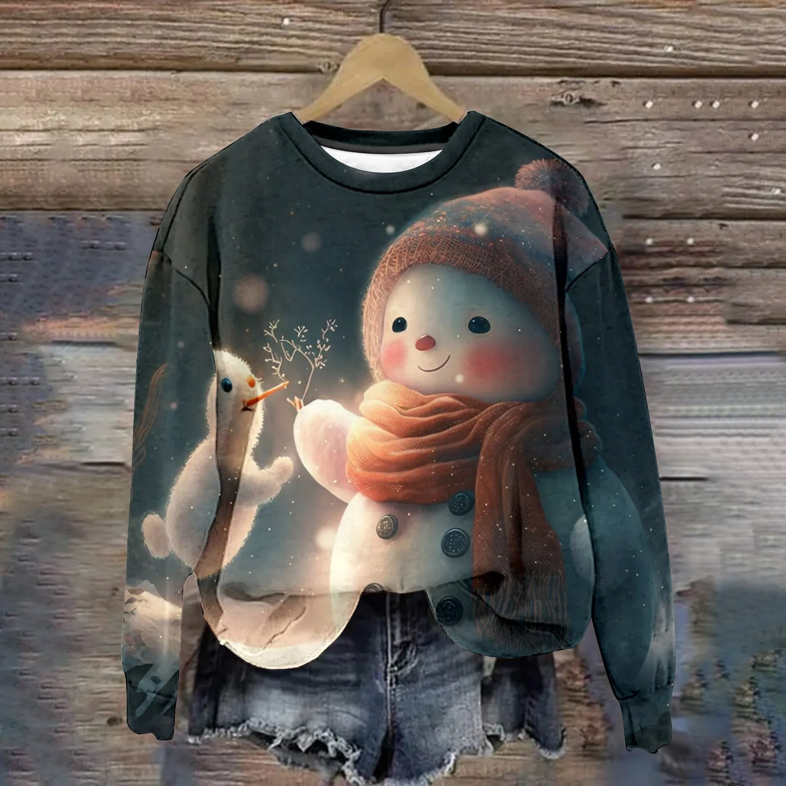 Women\'s Long Sleeve Christmas Sweater, 3D Snowmen Print Sweatshirts, Oversized T-Shirt, Fashion Design Apparel, New