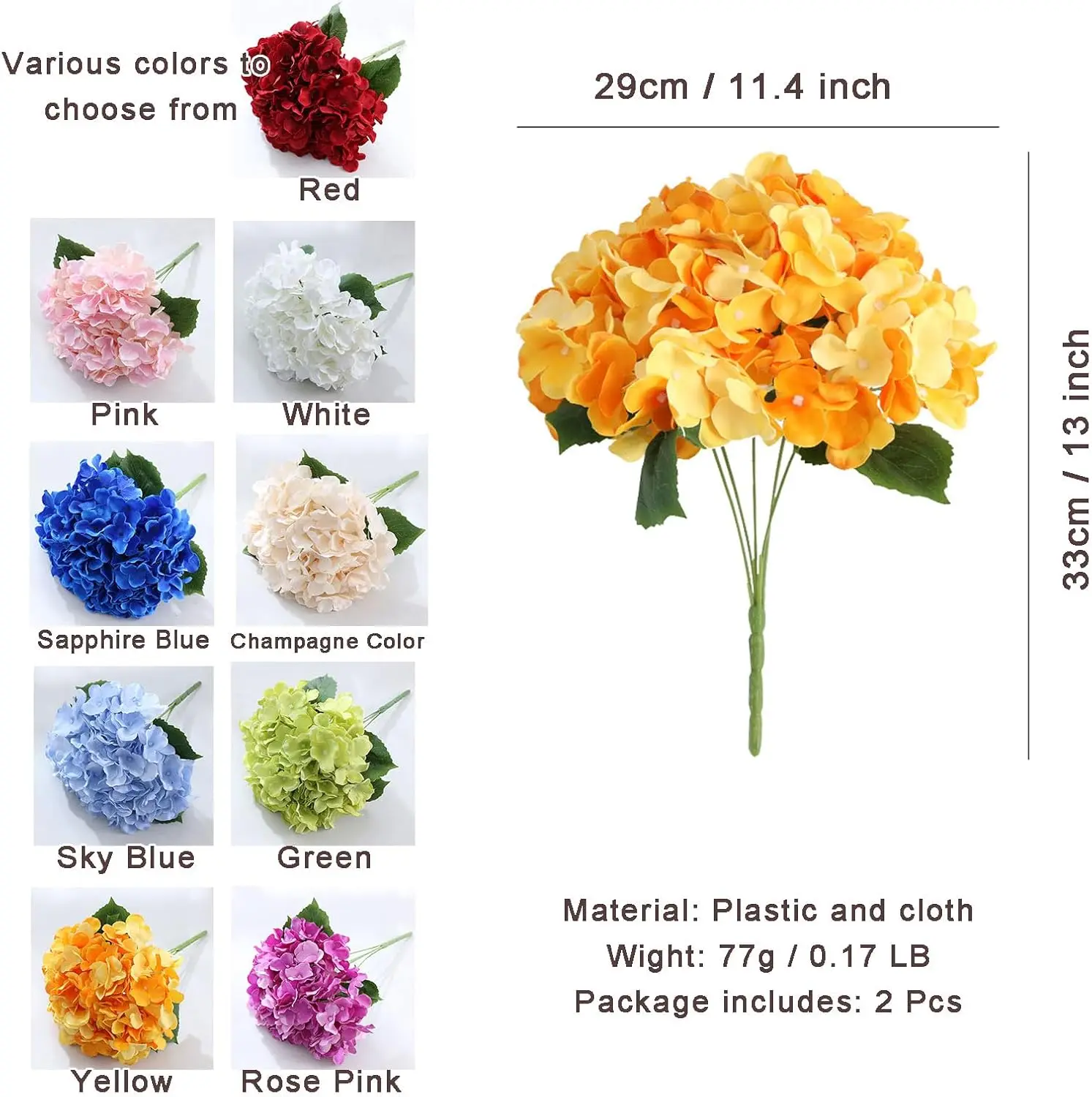 Outdoor Artificial Hydrangea Flowers, 2024 New 2 Pcs 11.4 Inch Large Diameter Faux Hydrangea Flowers with Stems, Do Not Fade Rea