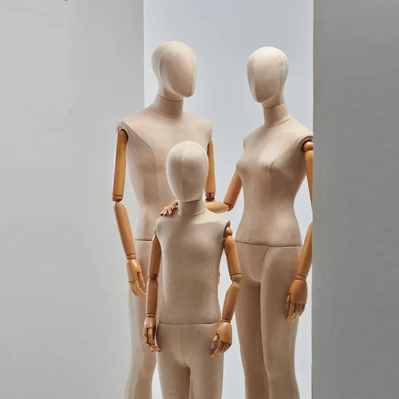 Parent-child Clothing Store Mannequins Window Display Stand  Full Body Male and Female Model Dummy Props with Solid Wood Hands