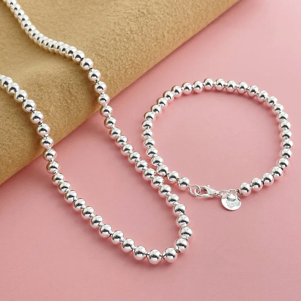 925 Sterling Silber Schmuckset 6 MM buddhistische Perlen Halskette Armband Set Damenmode einfache Geburtstag Hochzeit Schmuck Geschenk – Detail 4