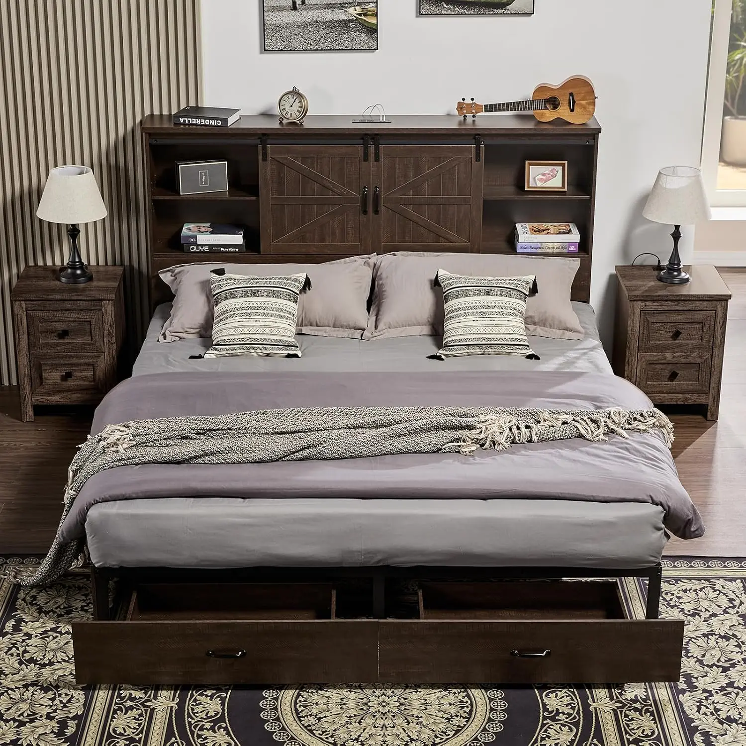 Wooden Platform Bed Queen with Bookcase Headboard 51