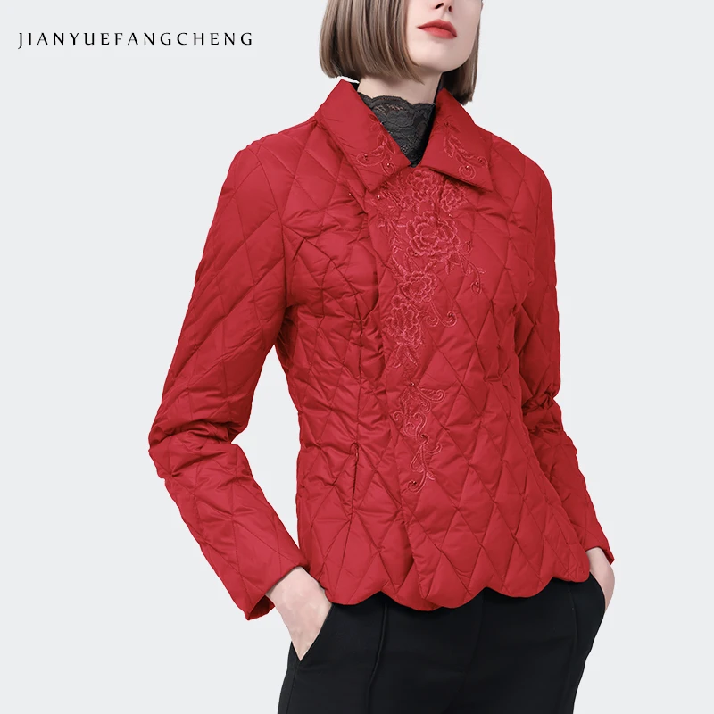 

Fashion Floral Embroidery Women' Winter Down Jacket Warm Lightweight White Duck Down Puffer Coat Red Slim Short Cotton Jacket