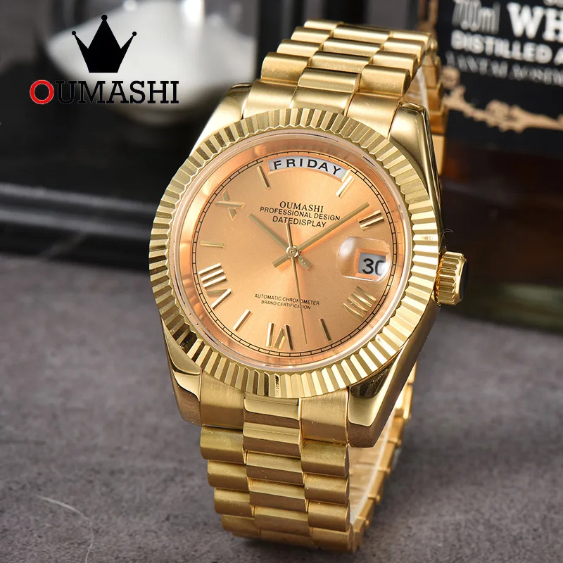 

OUMASHI 39mm Gold Men's Automatic Watch Mechanical Watch 8285 Date Movement Sapphire Glass 316L stainless steel watch