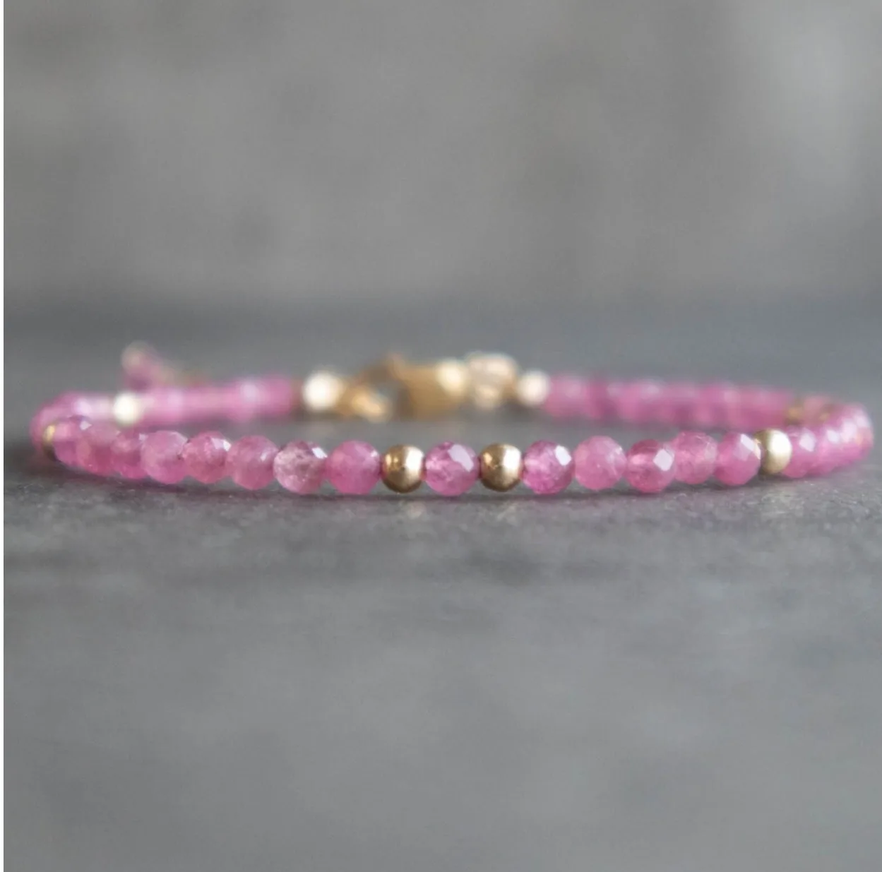 Pink Tourmaline Bracelet Gold Silver & Rose Gold, 3mm Dainty Beaded Gemstone Bracelet