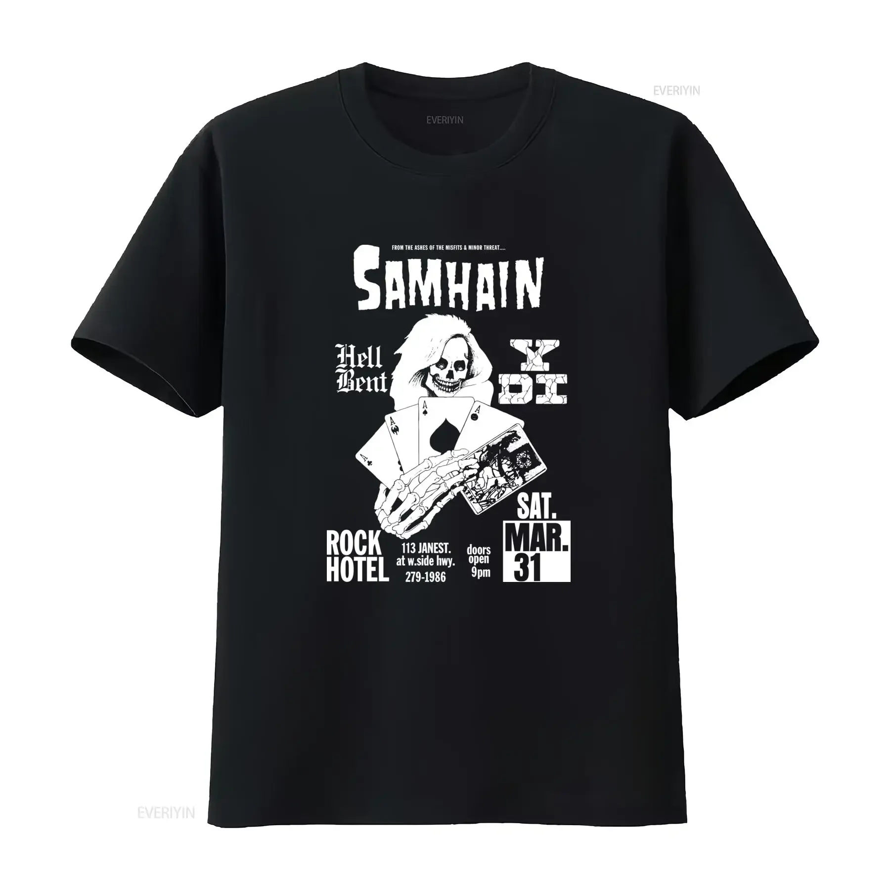 Samhain Rock Hotel Flyer Mens Black T Shirt Premium Cotton Danzig Misfits Skull Playing Cards Design vintage Washed Stretched