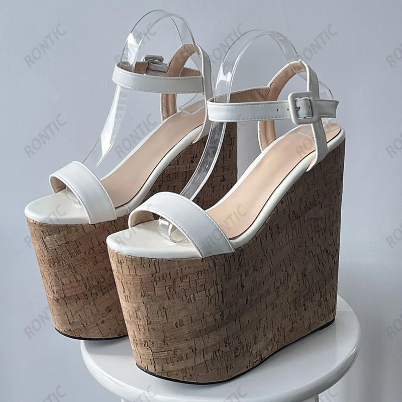 Rontic Handmade Women Summer Platform Sandals Wedges High Heels Round Toe Elegant White Party Shoes Ladies US Plus Size 4-15