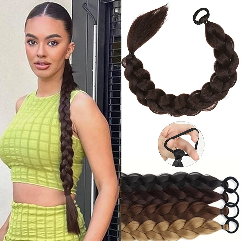 

Длинный плетеный хвост для женщин, 28 дюймов, прямая коса, наращивание хвоста, синтетические косы, конский хвост с резинкой