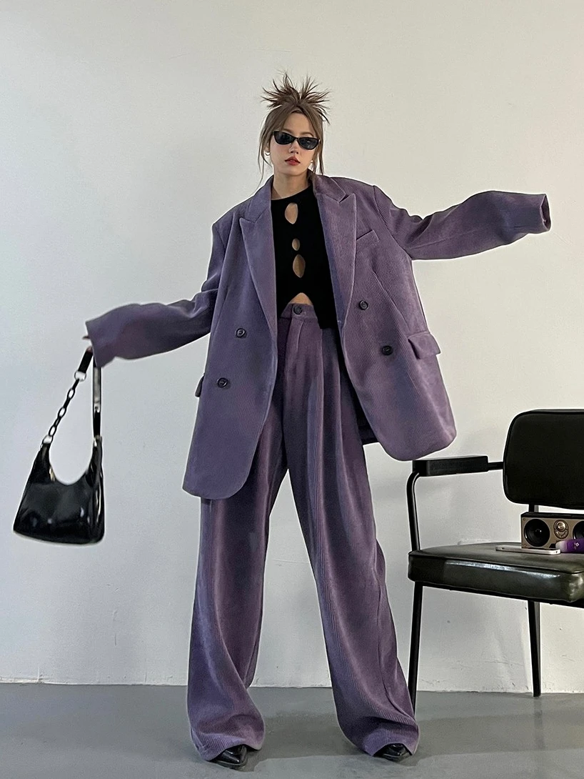 

Новое поступление 2025 года, женский повседневный бархатный двухцветный красный, фиолетовый, широкие брюки, костюм, удобный модный комплект уличной одежды