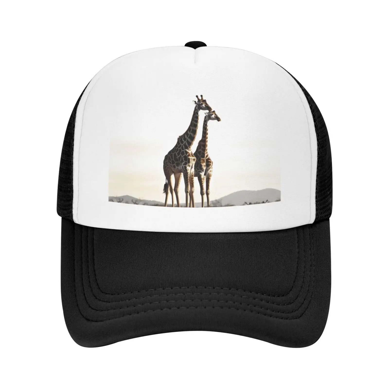 African Giraffe Printed Trucker Hats Baseball Cap Breathable Mesh Adjustable Snap Back Closure