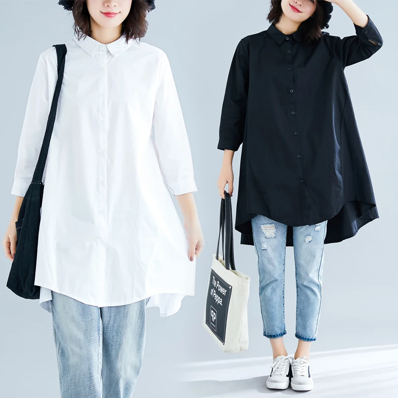 

Women White Shirt Loose Version Asymmetrical Long Style Korean Tops Spring and Autumn Black Blouses Femmes