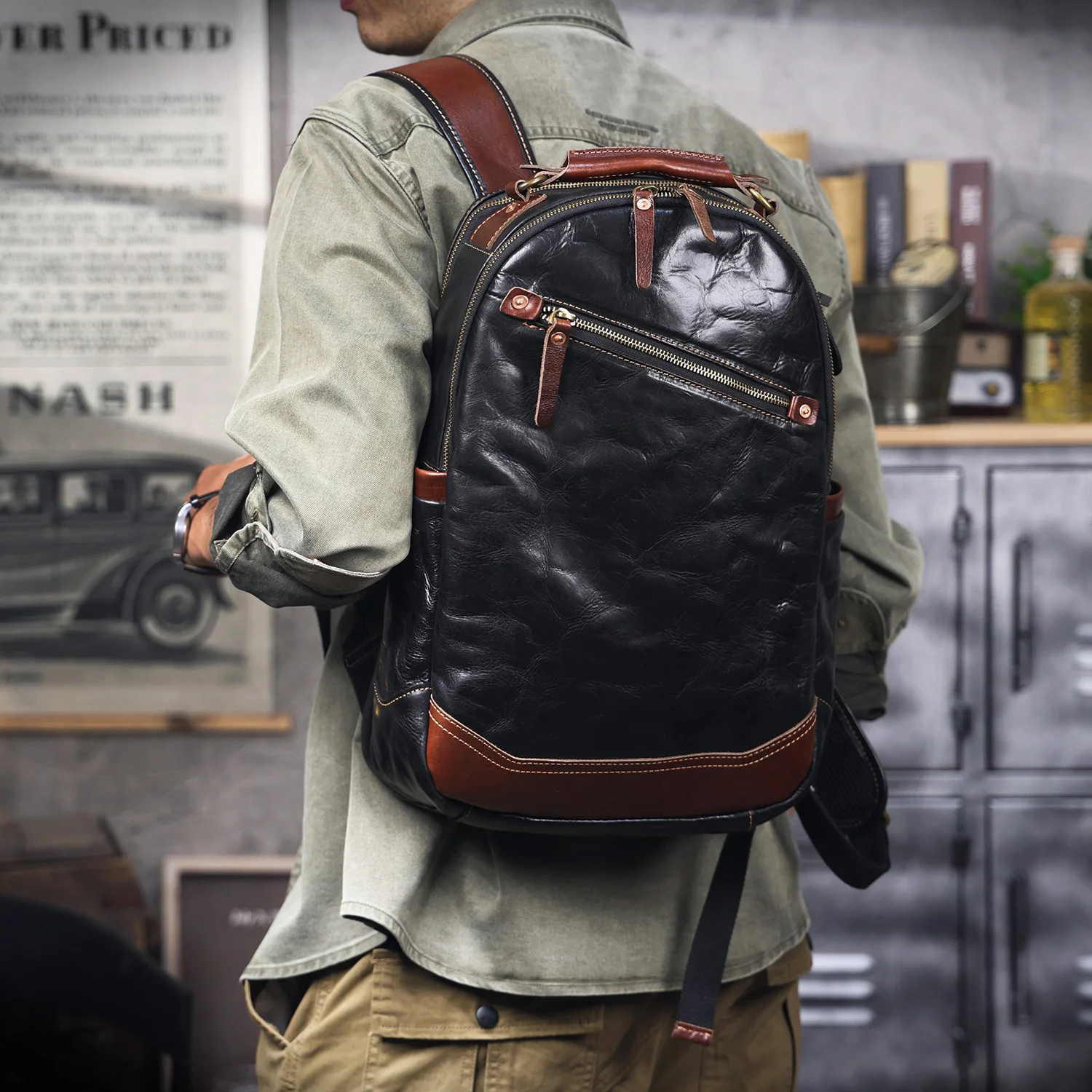 S.WORKER Herren-Rucksack aus echtem Leder, hochwertiges Rindsleder, lässige Schultaschen, 15"-Laptop-Taschen, Reise-Tagesrucksack, Geschenk für Männer – Detail 4