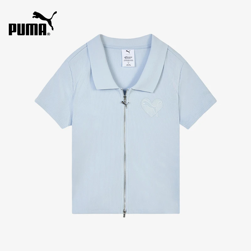 Puma genuine new women's light blue slim fit ribbed zipper short sleeved polo shirt 637466-68