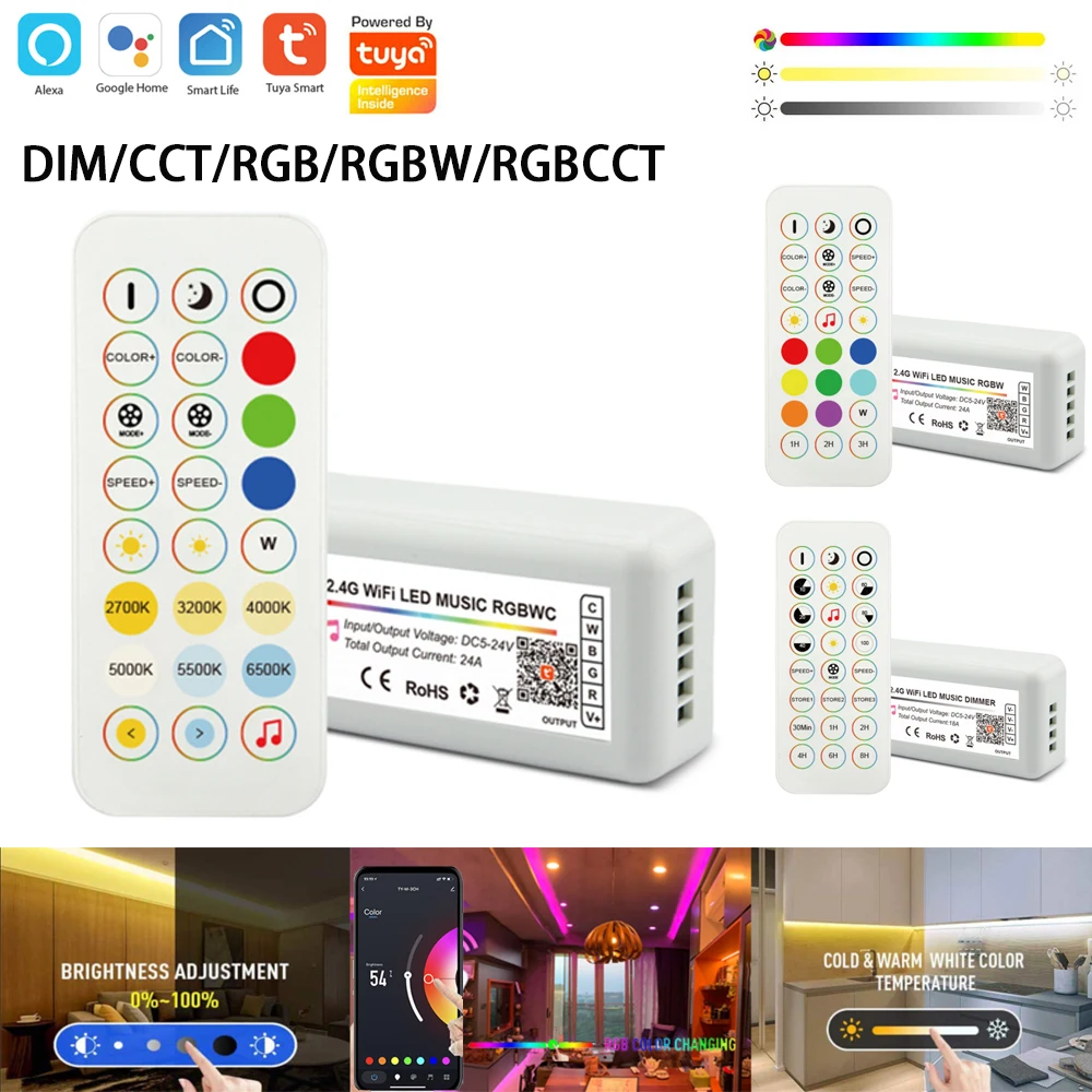 

DC5-24V Tuya Wifi LED Controller 2.4G Remote Control 5050 CCT RGB RGBW RGBCCT Led Strip Dimmer Music Sync Voice for Alexa Google