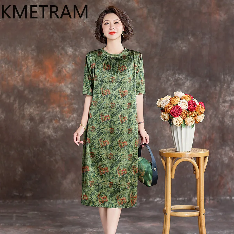 KMETRAM 93% Mulberry Silk Middle-aged Woman Dresses 2026 Summer Stylish Loose Printed Mid-length Short-sleeved Dress Ropa Mujer