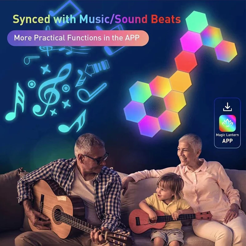 RGB Smart Hexagonal Wall Lamp Color Changing Ambient Night Light DIY Shape Music Rhythm Smart APP for Game Room Bedroom Gift