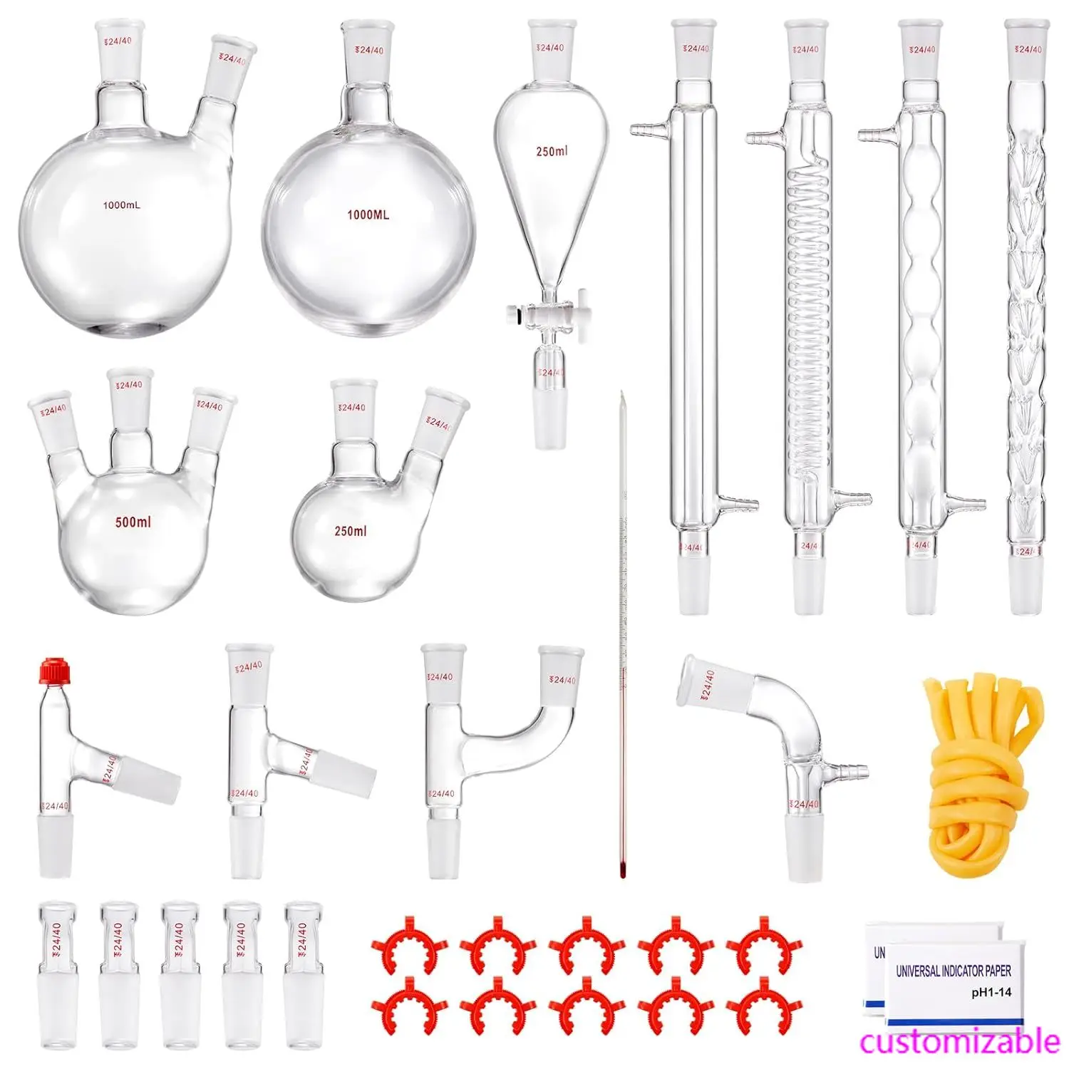 

Lab Distillation Kit, 3.3 Boro Lab Glassware Distillation Kit with 24, 40 Joint, 1000ml Essential Oil Distillation Apparatus Kit