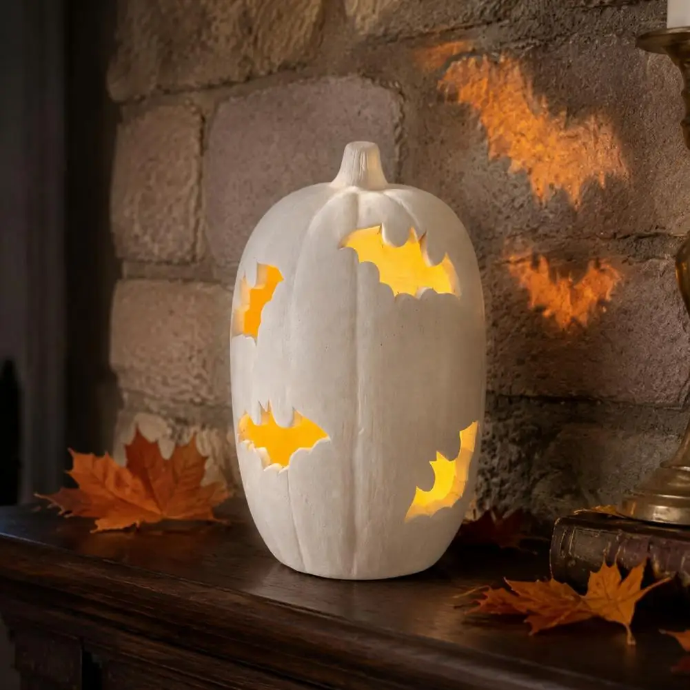Halloween Pumpkin Resin Figurine, Bat Hollow Out Lantern with Warm Light, Spooky Indoor Outdoor Home Table Fireplace Decor