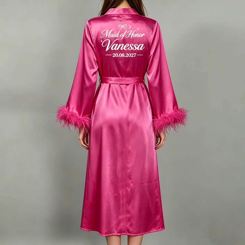 Custom Name Bride Robe Satin Feather Bridesmaid Robes Personalized Wedding Morning Gown Bachelorette Party Bathrobe view 6