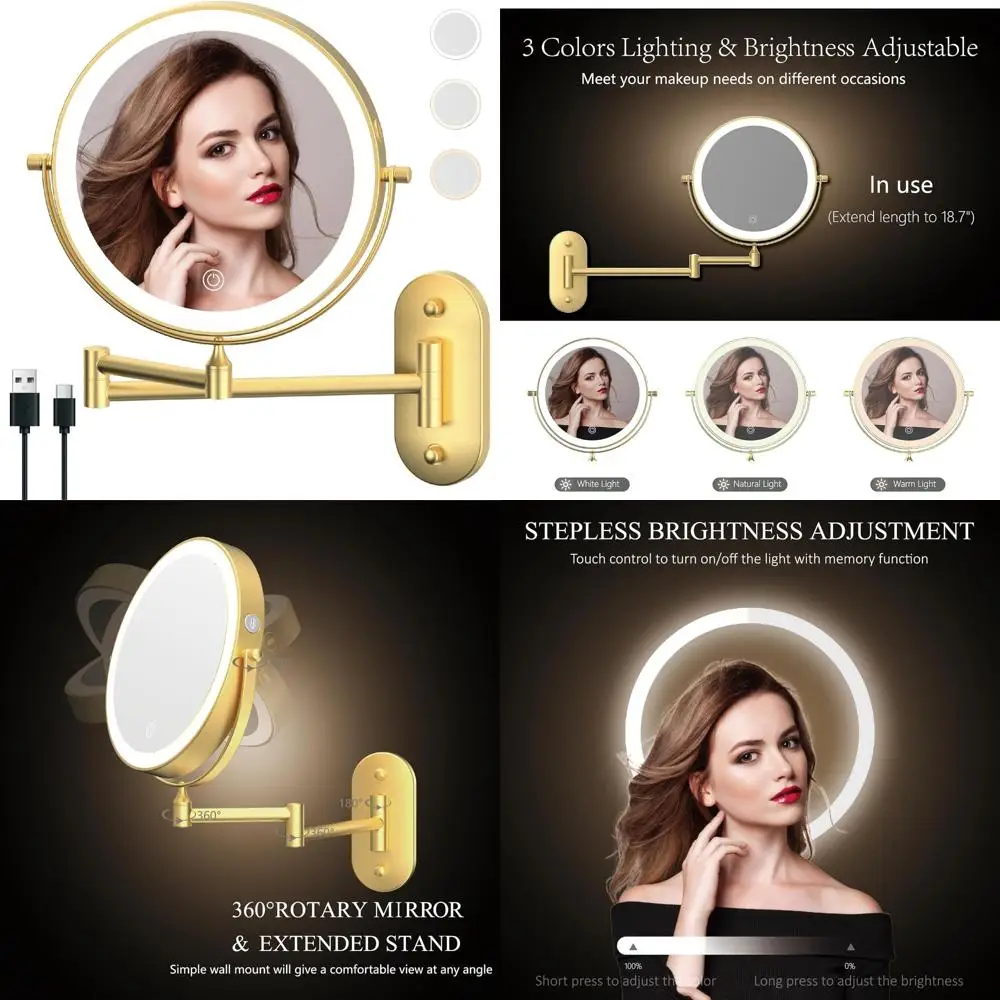 

Rechargeable Wall Mounted Lighted Makeup Vanity Mirror 9 Inch Double Sided 1X 10X Magnifying Bathroom Mirror, 3 Color Lighting,