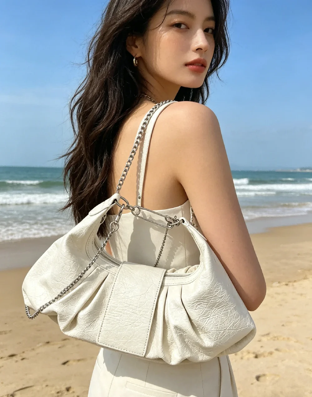 

Бежевая сумка-облако с рюшами для женщин, мягкая повседневная сумка-хобо на шнурке, вместительная сумка для покупок