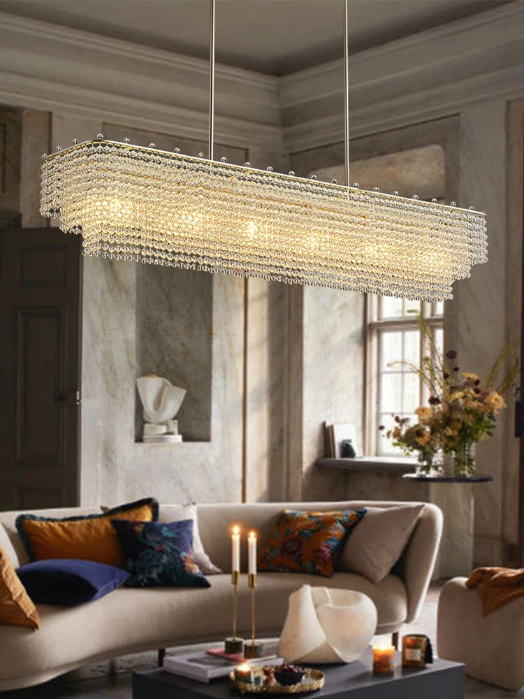 Crystal Curtain Pendant Lights Rectangle Long Lamp Home Ceiling Chandelier Lustres for Dining Room Decor Villa Modern Decoration