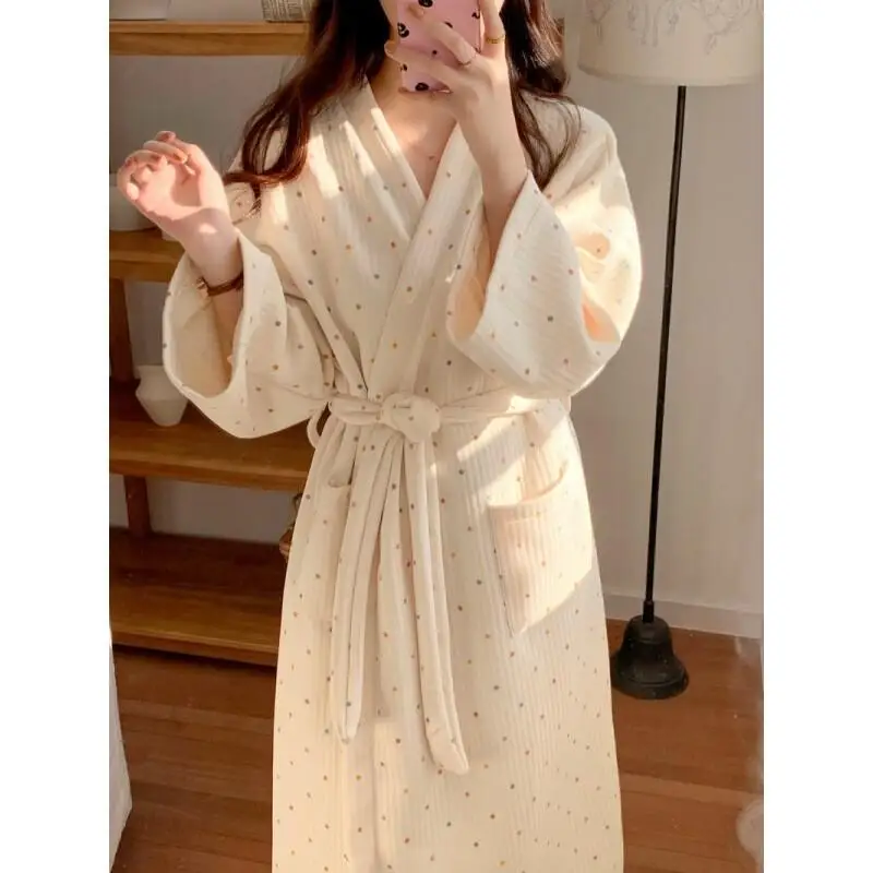 

Pajama Set Comfortable Sleepwear Korean Women Autumn Winter Robe Warm Silk Cotton Bathrobe Long Colorful Dot Keep Warm Homewear