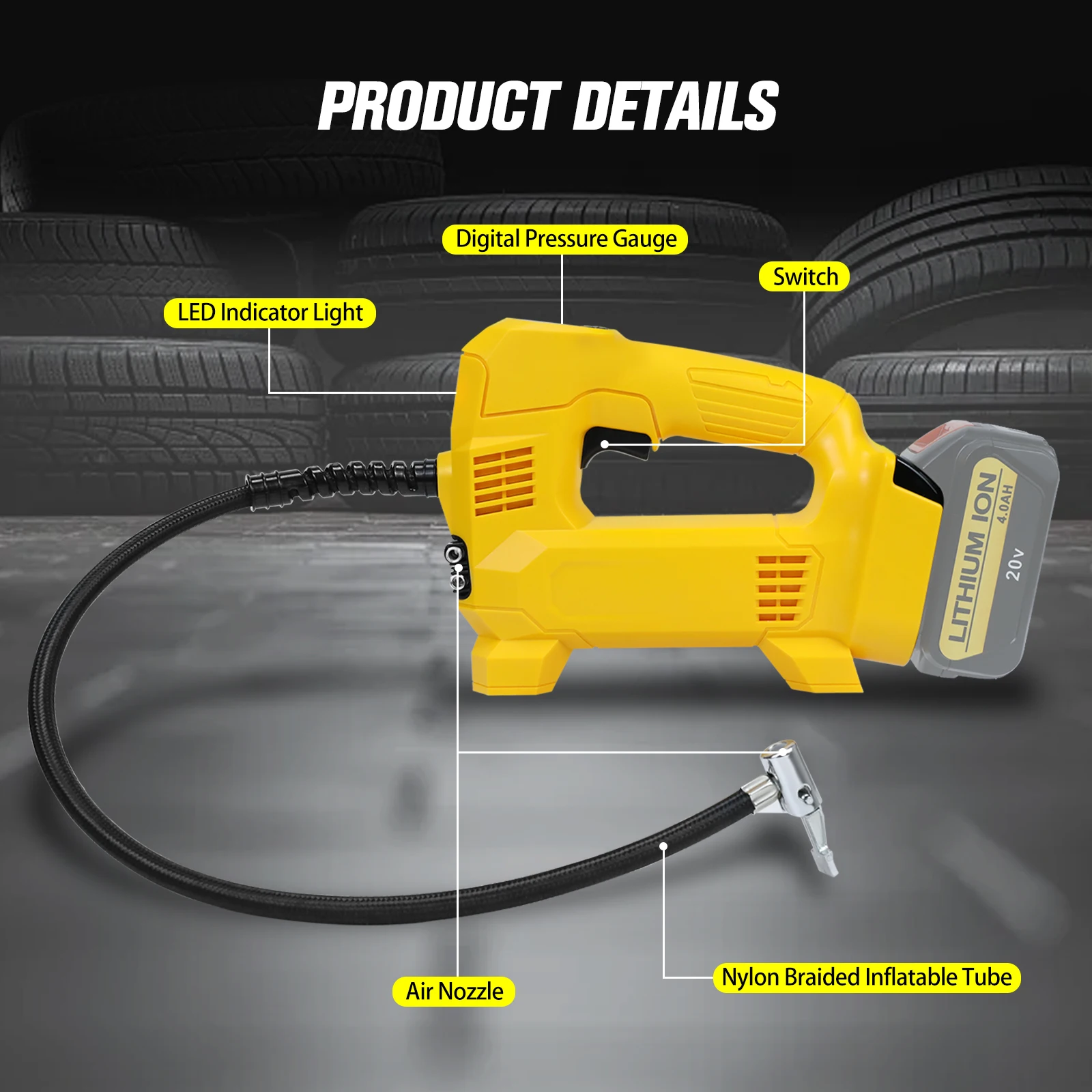Imagem -02 - Bomba de ar Elétrica Portátil para Dewalt Inflator Pneu sem Fio Manômetro Digital Apto para Carros Bicicletas Motocicletas 18v