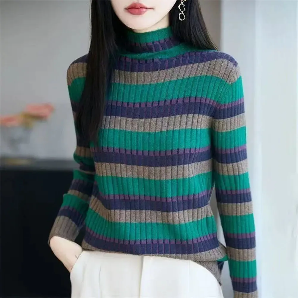

Autumn Winter Striped Semi-high-necked Soft Waxy Bottoming Shirt Women Sweater Thickened Pullover Knitwear Ladies Sweater Top
