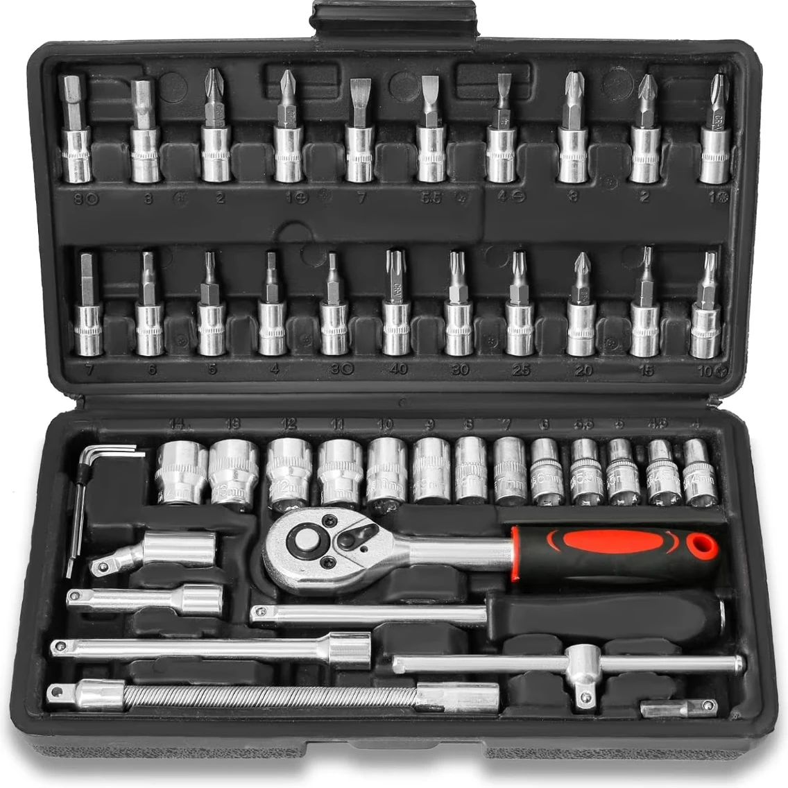 46Pcs 1/4 Inch Drive Socket Set with Ratchet Handle, Hex & Torx Screwdriver Bits, Extension Bar, for Car Maintenance & DIY Proje