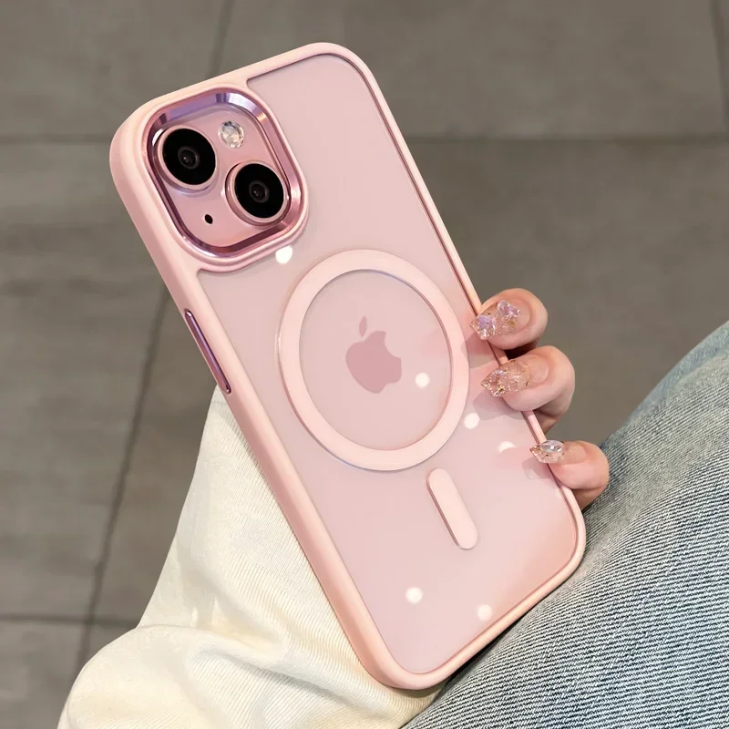 Funda de teléfono con carga inalámbrica magnética a prueba de golpes para iPhone 16, 15, 14, 13, 12, 11 Pro Max 15 Plus, funda trasera dura rosa