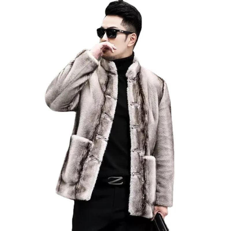Menswear Winter Warmth Faux Mink Coat Jacket New Golden Mink Fur Chinese Style Jacket Lapel Casual Trend JacketsSingle Breasted