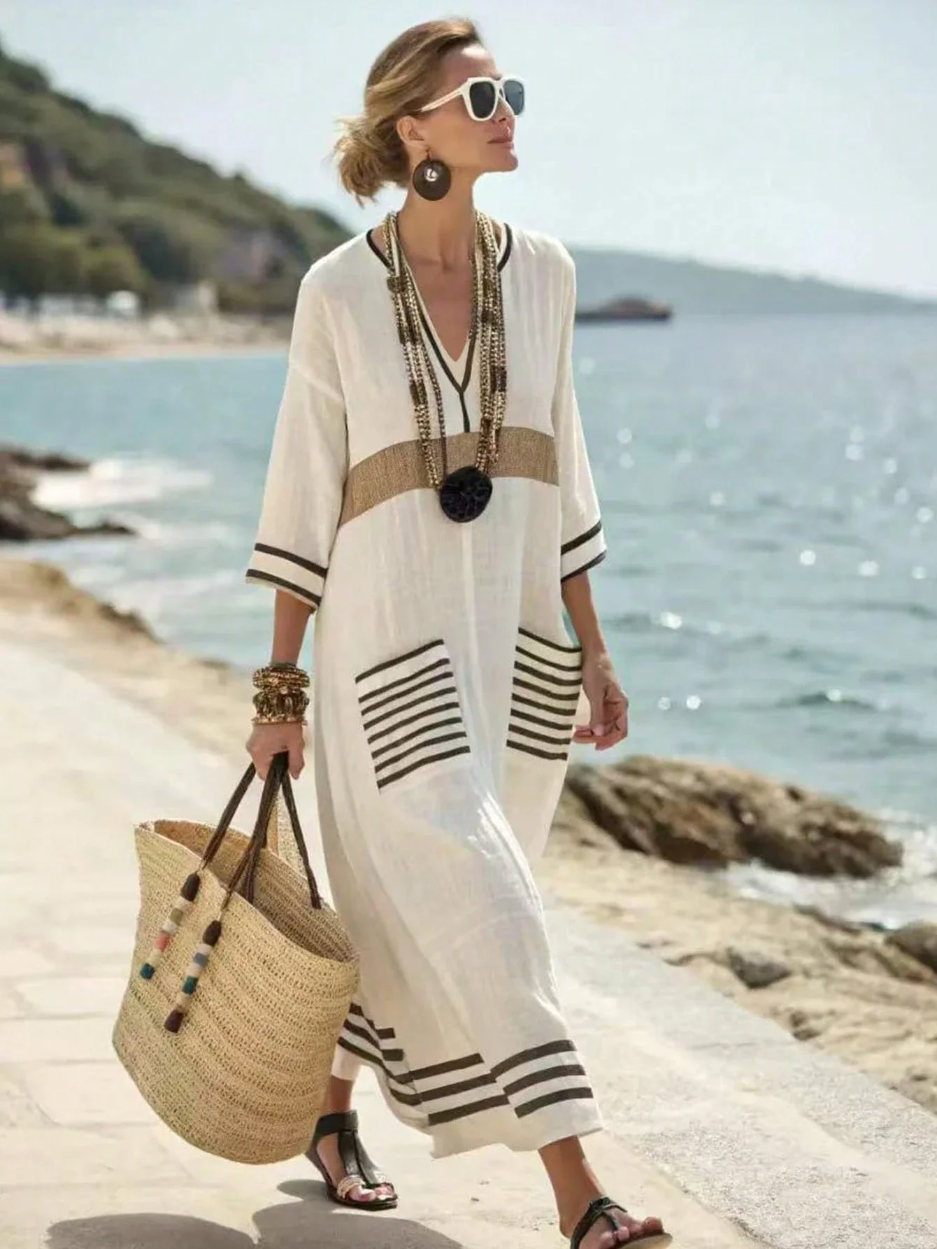 

White Boho Maxi Dress With V-Neck, 3/4 Sleeves, Striped Print, Loose Fit For Beach, Vacation, Party, Casual Wear