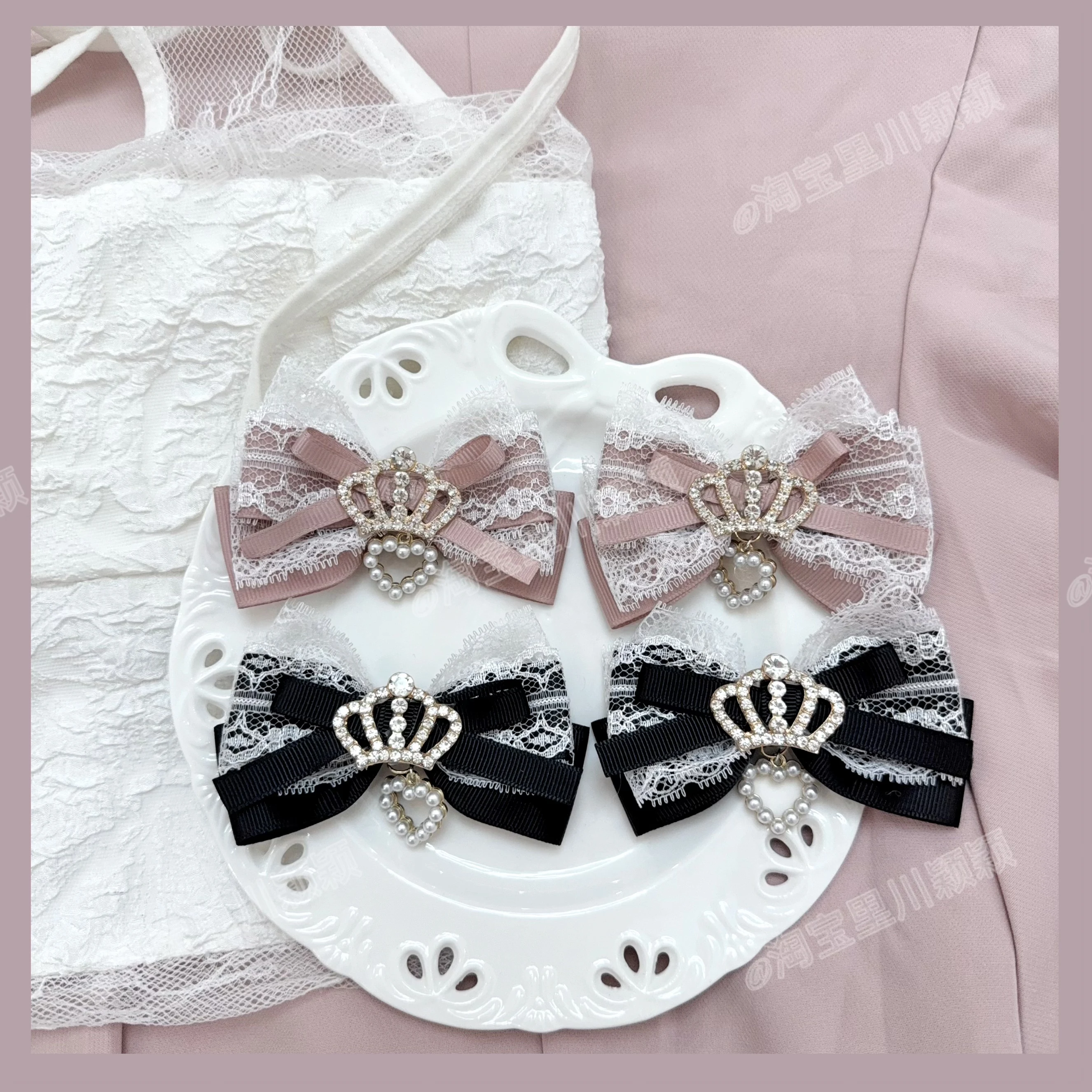 Y2K Lace Bow Barrettes with Crown Pendant Kawaii Japanese Lolita Hair Clips for Women Girls Cute Hairpins Accessories