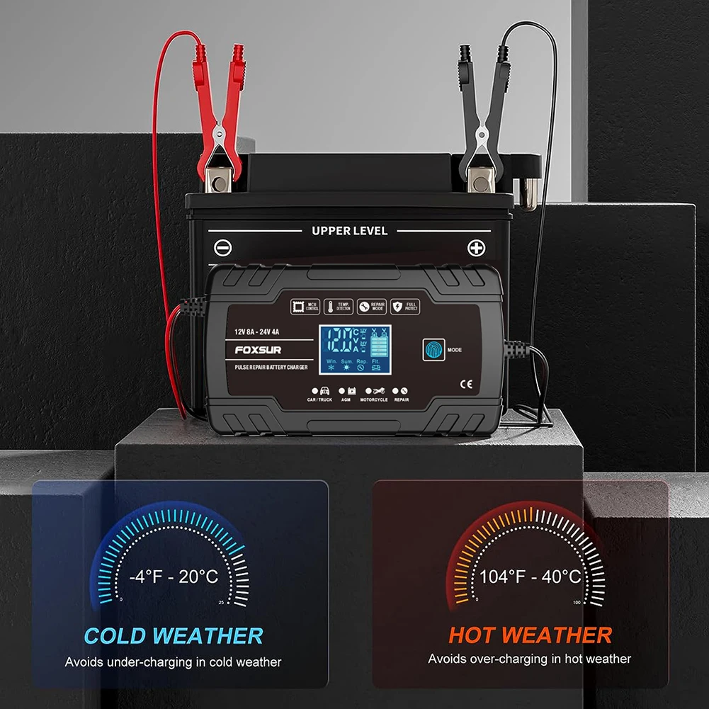 Carregador de Bateria Automático FOXSUR, Reparo de Pulsos de 3 Estágios, Mantenedor de Bateria Digital, GEL, AGM, Cálcio Molhado, Chumbo-Ácido, 12V, 24V, 8A