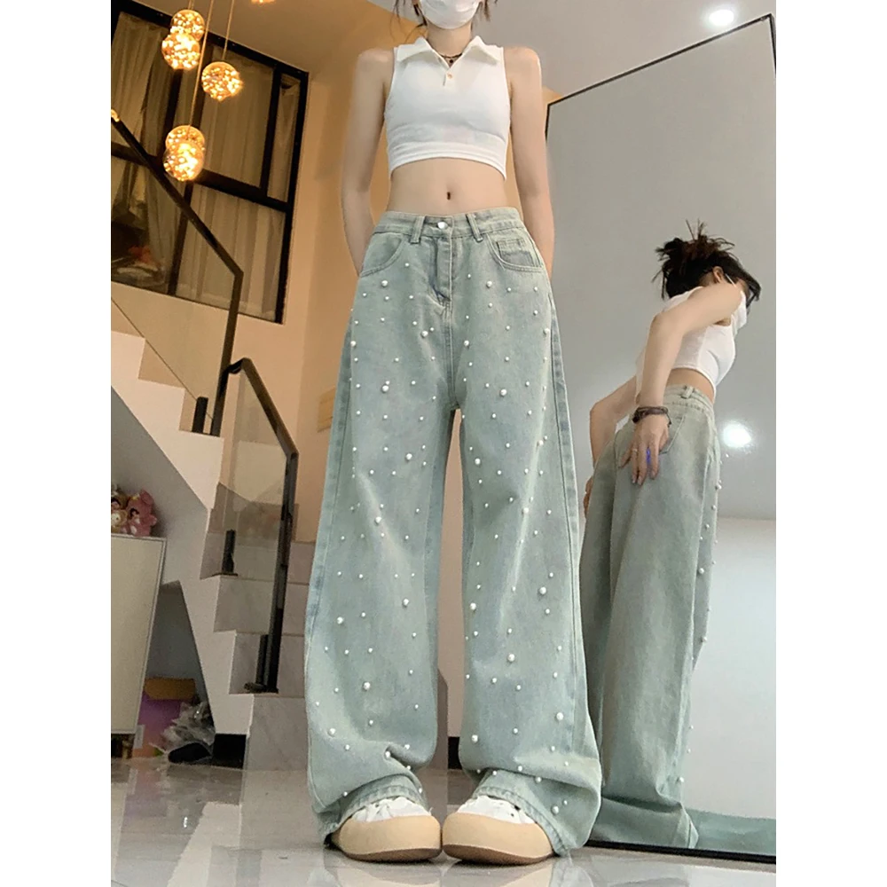 

Women Retro Pearl Jeans Beading Casual Light Blue Trousers Streetwear Fashion High Waist Straight Loose Wide Leg Denim Pants