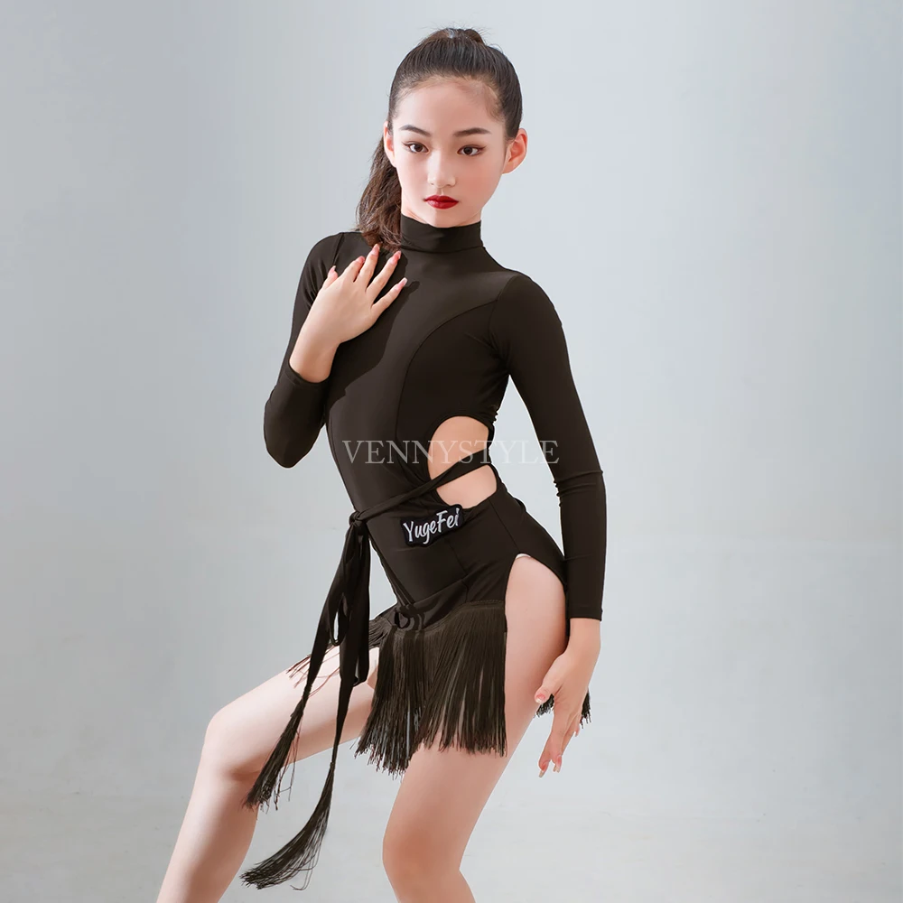 Vennystyle Latin Dance Dress Girls Long Sleeve Fringe Floral Design Practice Wear Professional Standard Training Outfit
