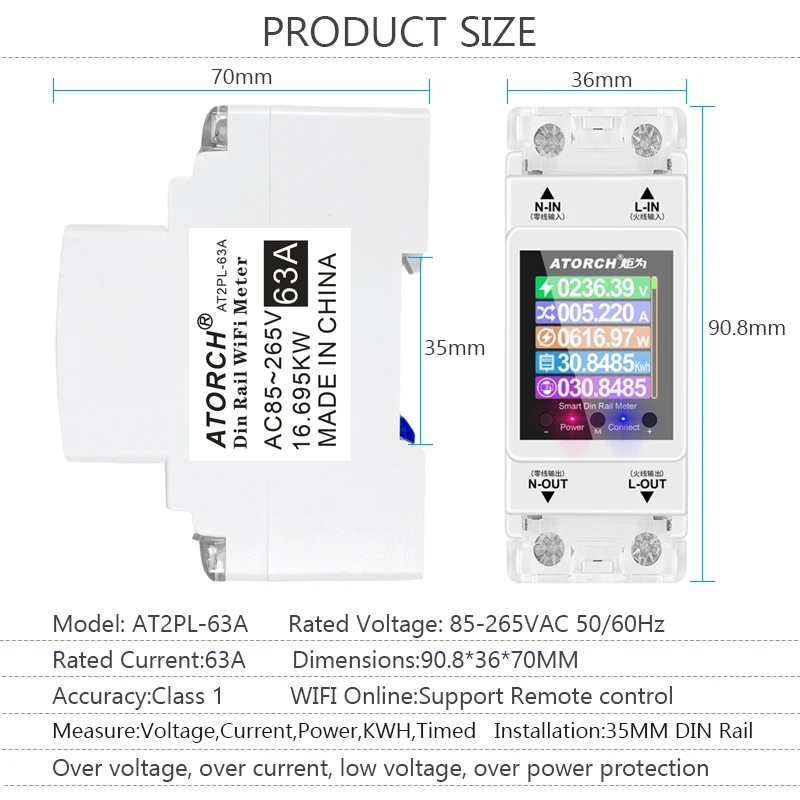 ATORCH 2P 63A Tuya WIFI Smart Switch Circuit Breaker Energy Meter KWh Power Metering Timer Relay Remote Control Smart Life APP