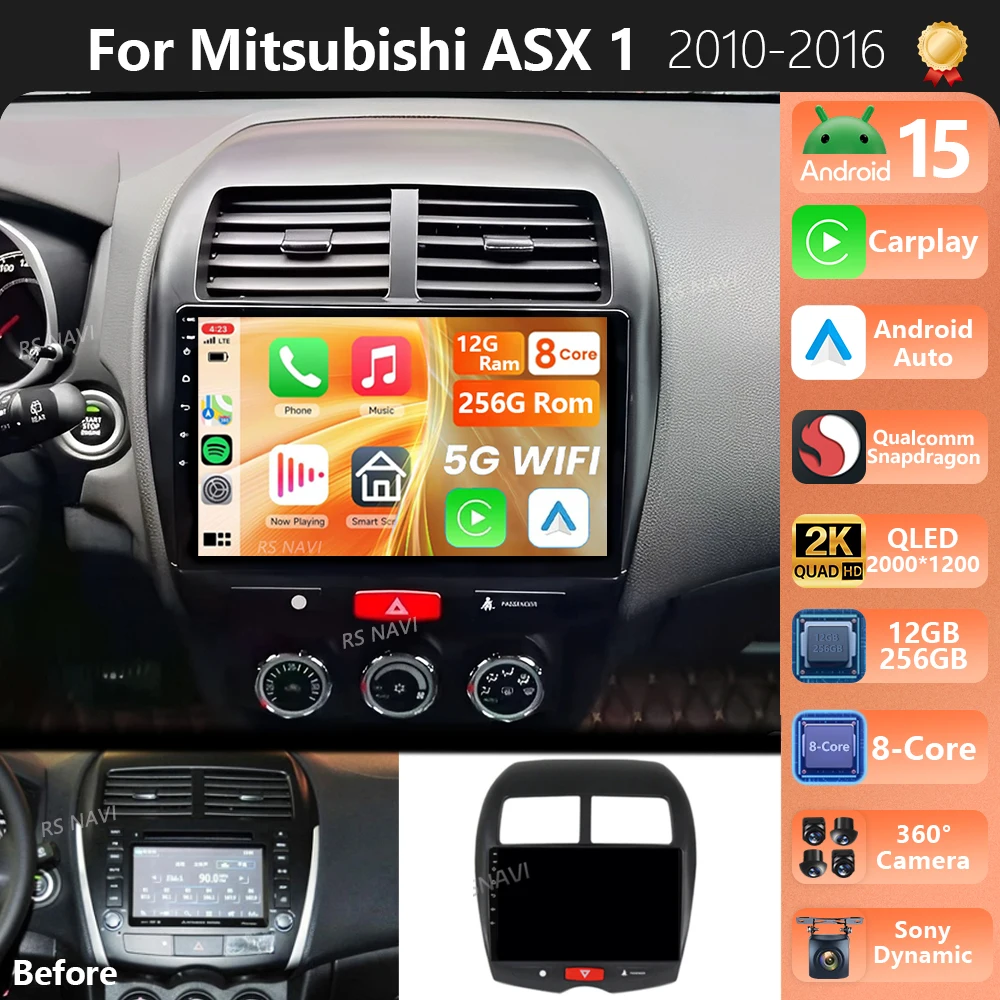 Android 15 para Mitsubishi ASX 1 2010 - 2016 2K QLED Android Radio de coche reproductor de vídeo Multimedia GPS estéreo CarPlay 4G unidad principal