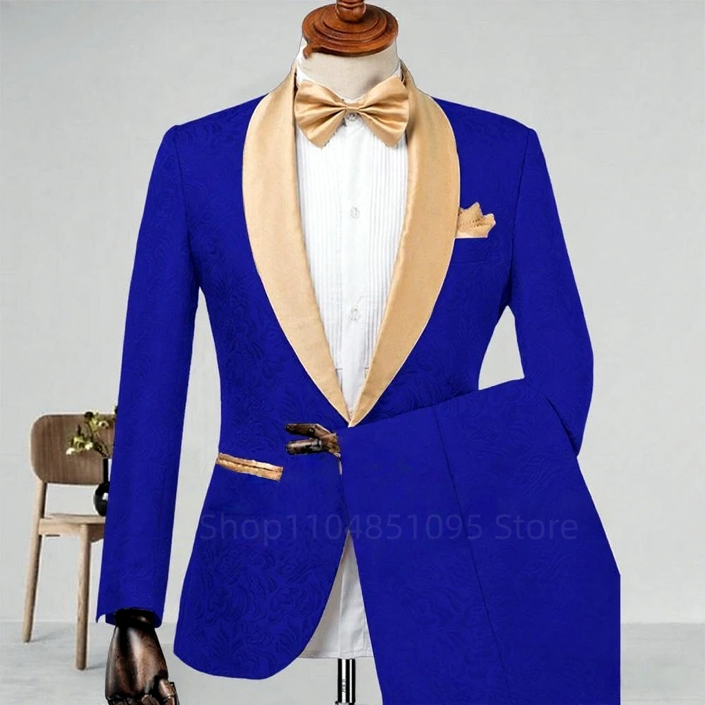 

Мужской костюм из жаккарда королевского синего цвета, с лацканами-шаль, 2 предмета, для свадьбы, вечеринки, выпускного, элегантный пиджак и брюки.