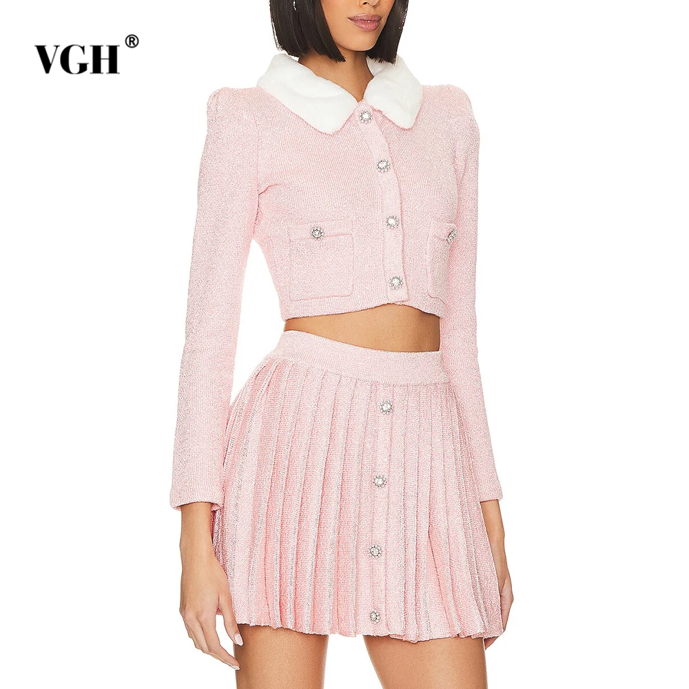 

VGH Slimming Sweet Spliced Button Two Piece Sets For Women Lapel Long Sleeve Top High Waist Short Skirt Elegant Set Female New