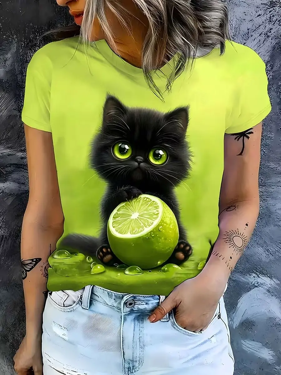 Women's Spring Summer 3D Printed Crew Neck Tee, White Base Black Cat Making Heart With Paws Cute Sketch Print Casual Daily Tee