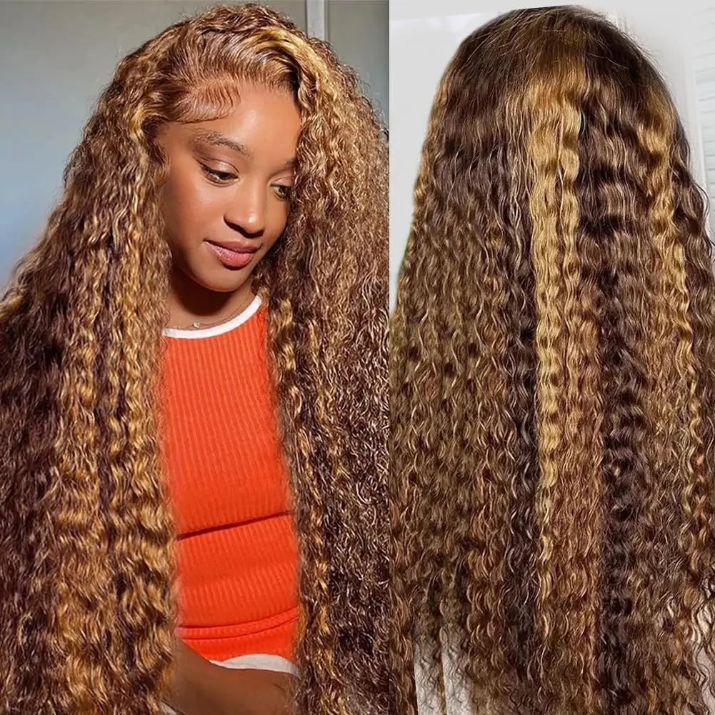 220 Density P427 Honey Blonde 360 Full Lace Wig Highlight Curly Human Hair Pre-Plucked Deep Wave 360 Lace Wig Invisible Drawstring Strap Lace Frontal Wig 34 Inch view 6