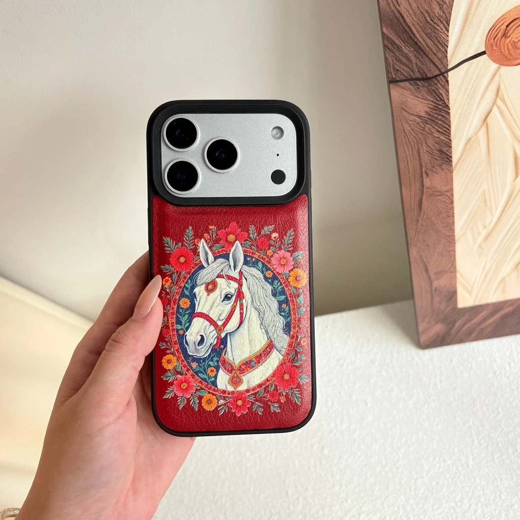 2026 سنة النمط الصيني الأحمر الأبيض الحصان إطار صور زهرة إكليل نمط غطاء الهاتف القضية آيفون 17 16 15 14 13 برو ماكس #3
