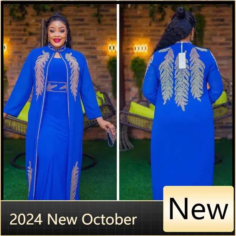 Plus Size African Party Dresses for Women Chiffon Boubou Ankara Dashiki 2 PCS Set Outfit Dubai Kaftan Abaya Robe Marocaine Femme