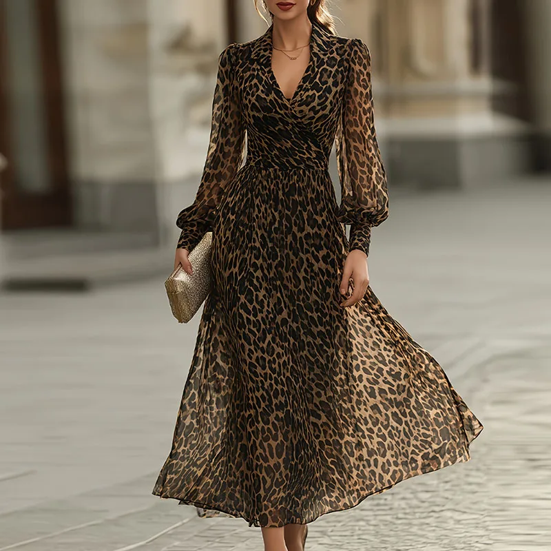 Ladies V-neck Lantern Sleeve Party Dress 2026 Casual Streetwear Swing Long Dress Retro Leopard Print High Waist Commuting Dress