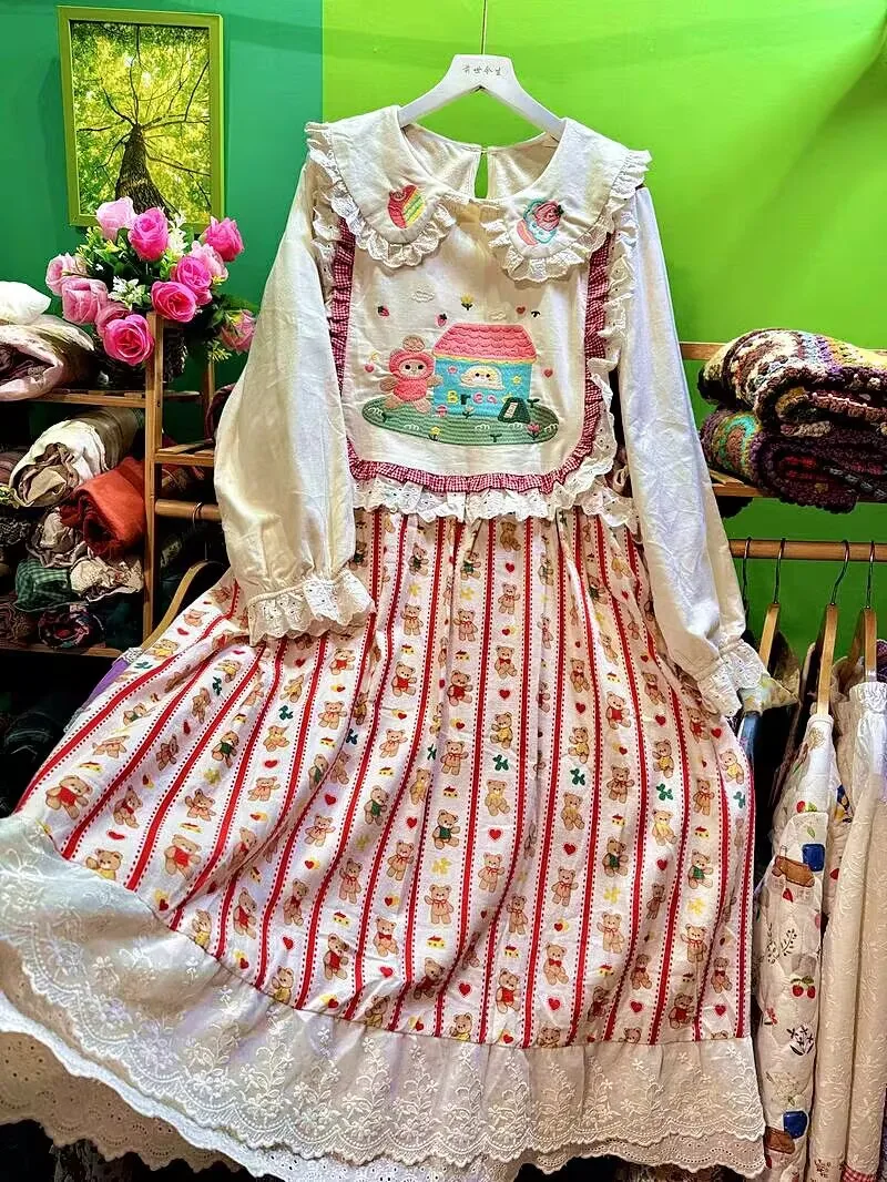 

Женское флисовое платье с кружевными вставками в стиле Mori Girl, Harajuku, Cottagecore, Goblincore, Shabby Chic, Kawaii, Lolita, вельветовое платье