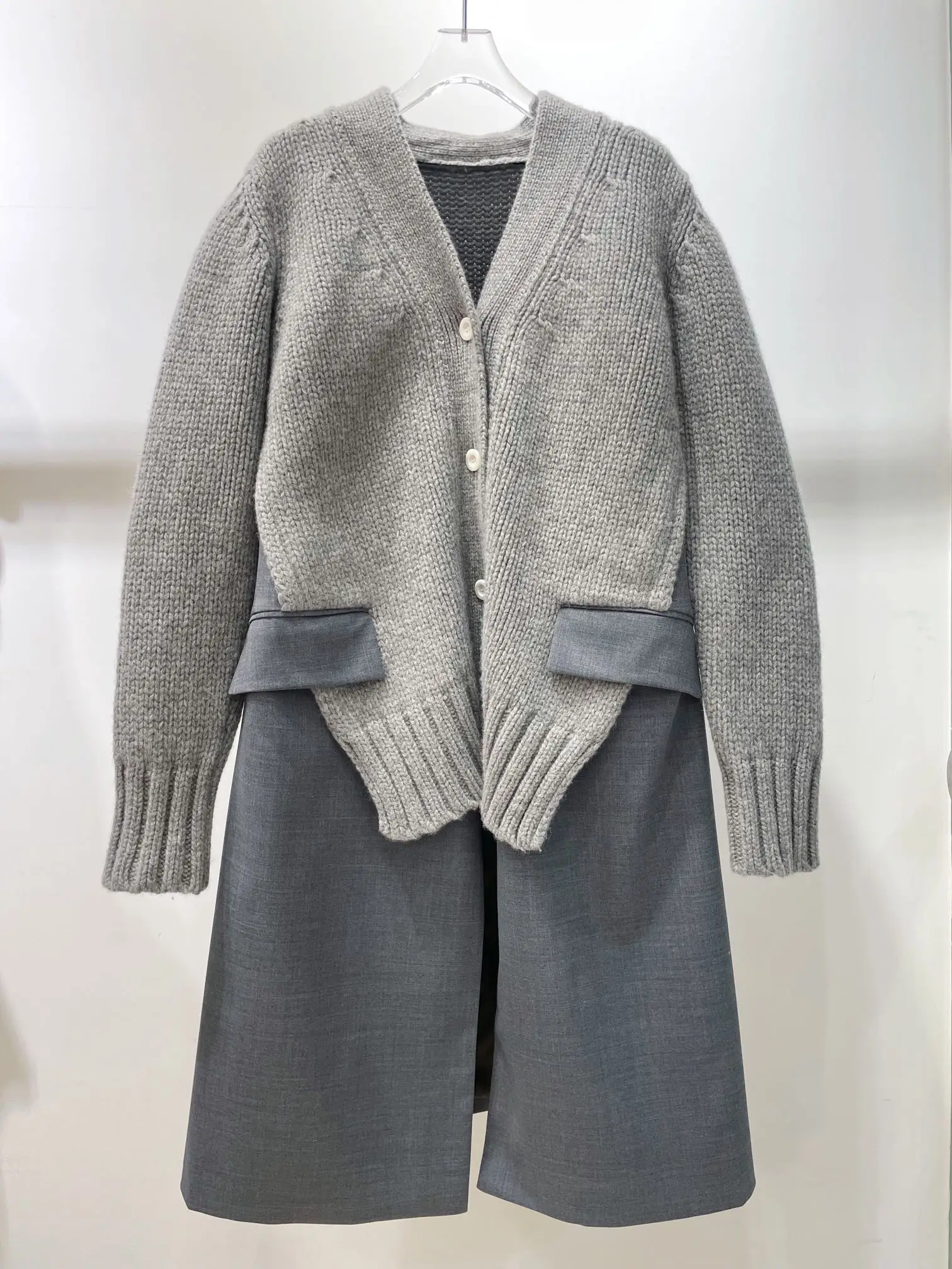 

Women's Clothing V Neck Wool Knitted Patchwork Long Coat Autumn Winter New 0118